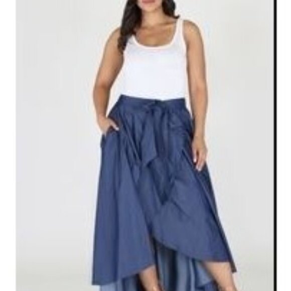 High-Low Denim Blue Maxi Skirt With Elastic Waistband & Tie Belt - Picture 1 of 7